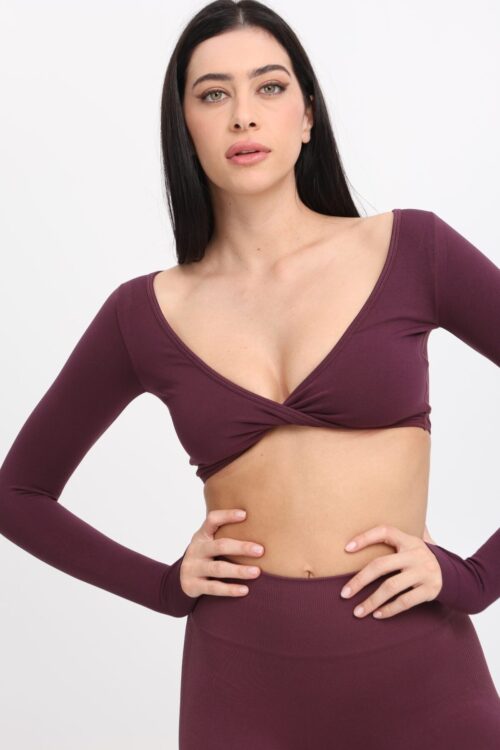 Long-Sleeved Twist Crop - Mauve Wine